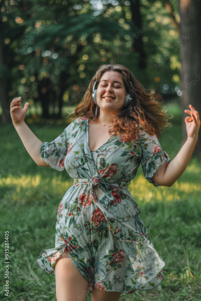 Fototapeta premium Joyful Woman Dancing Outdoors with Headphones