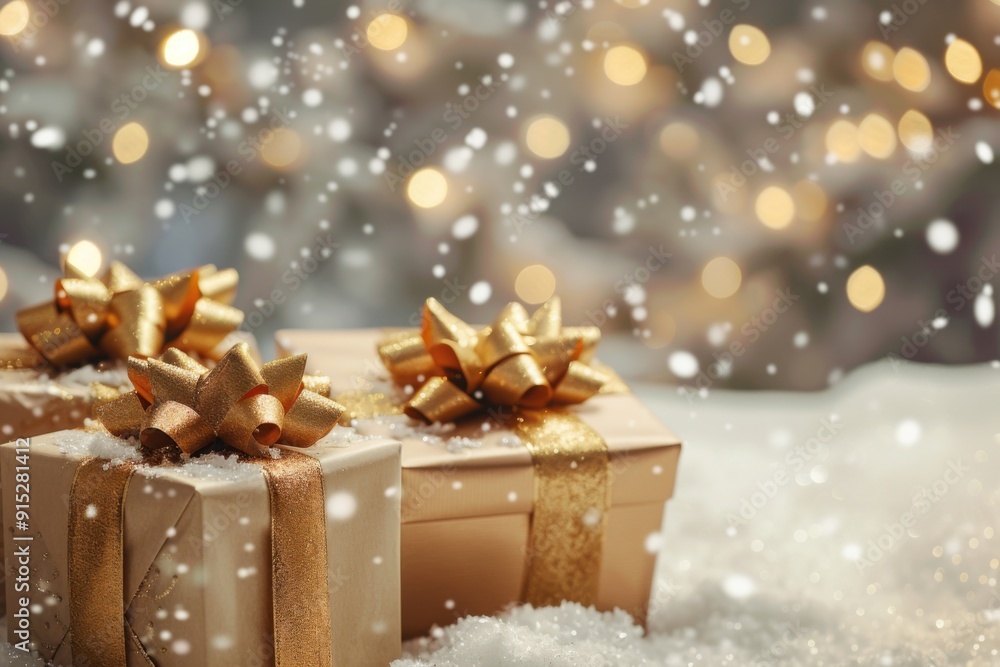 Charming White and Gold Christmas Gift Boxes with Snow and Bokeh Lights - Ideal for Winter Wonderland and Festive Holiday-Themed Designs Charming White and Gold Christmas Gift Boxes with Snow and Bokeh Lights - Ideal for Winter Wonderland and Festive Holiday-Themed Designs