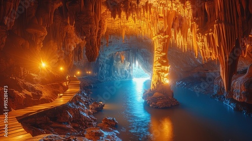 Illuminated Cave with Water and Wooden Pathway