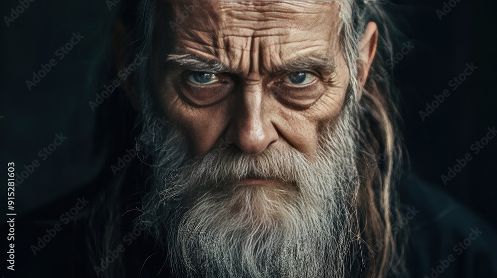Portrait of an Elderly Man with Intense Gaze and Long Beard, Capturing Rugged Character and Wisdom Portrait of an Elderly Man with Intense Gaze and Long Beard, Capturing Rugged Character and Wisdom