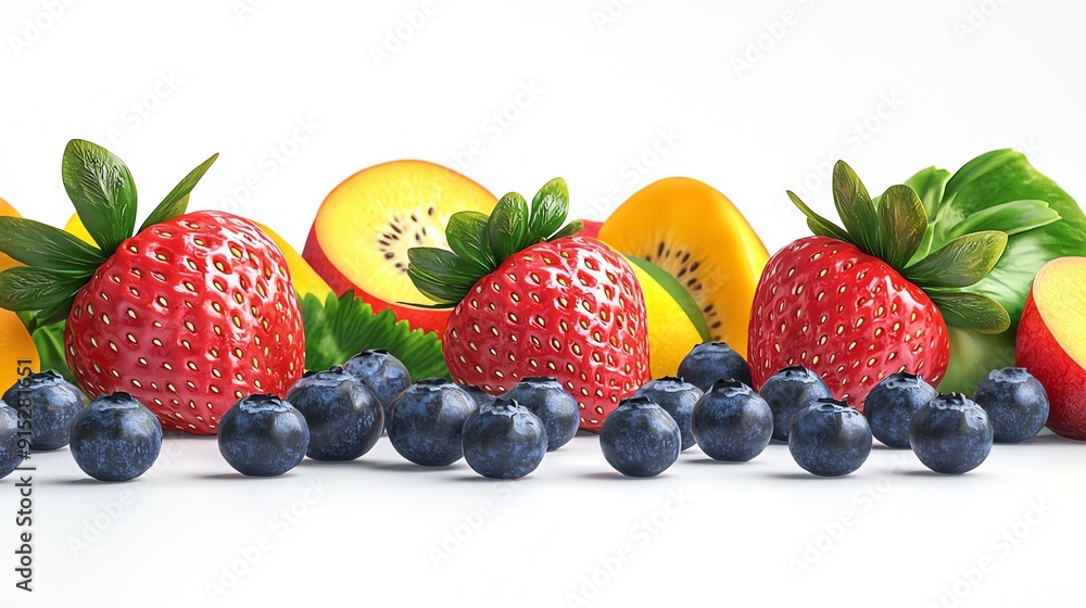 Fresh strawberries, blueberries, and kiwi fruit on a white background. Fresh strawberries, blueberries, and kiwi fruit on a white background.
