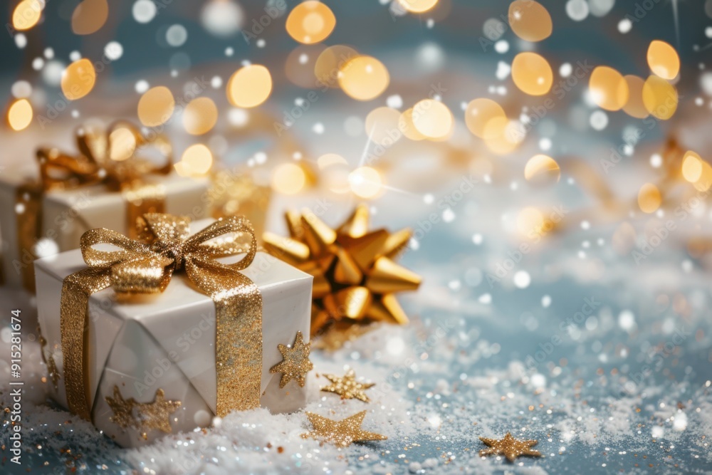 Charming White and Gold Christmas Gift Boxes with Snow and Bokeh Lights - Ideal for Winter Wonderland and Festive Holiday-Themed Designs Charming White and Gold Christmas Gift Boxes with Snow and Bokeh Lights - Ideal for Winter Wonderland and Festive Holiday-Themed Designs