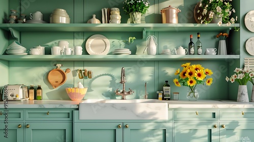 Wallpaper Mural Colorful Modern Sunlit rustic kitchen interior with wooden cabinets and appliances Torontodigital.ca