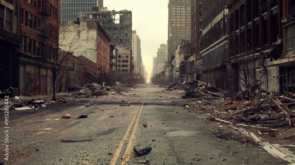 Desolate city street with debris and decay in urban setting
