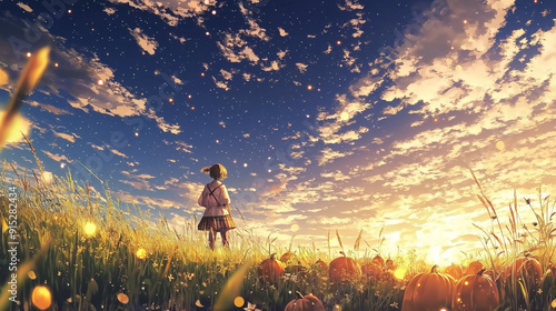 Young girl in field with pumpkins, sunset and stars.