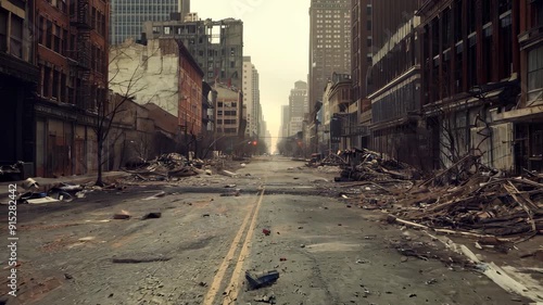 Desolate city street with debris and decay in urban setting