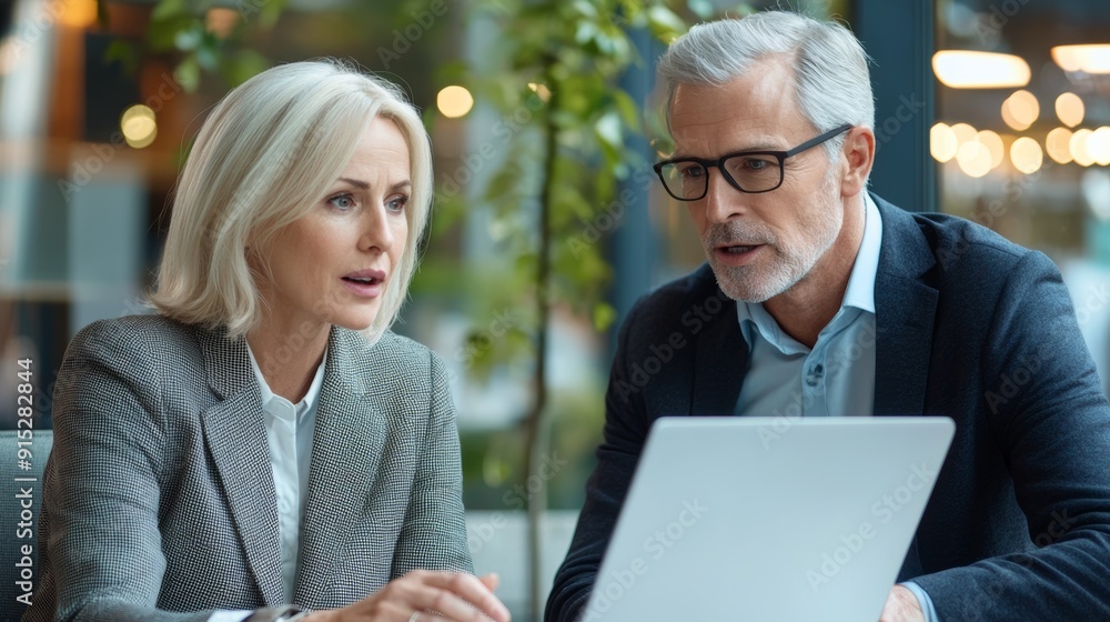 Fototapeta premium a man and woman looking at a laptop