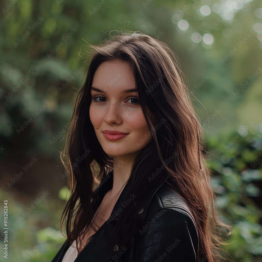 Naklejka premium Smiling young woman in outdoor setting