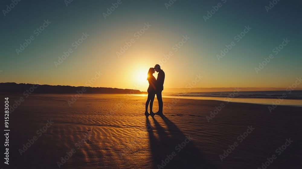 Silhouette of a Couple Embracing on a Beach at Sunset, Romantic Seaside Moment with Golden Horizon Silhouette of a Couple Embracing on a Beach at Sunset, Romantic Seaside Moment with Golden Horizon