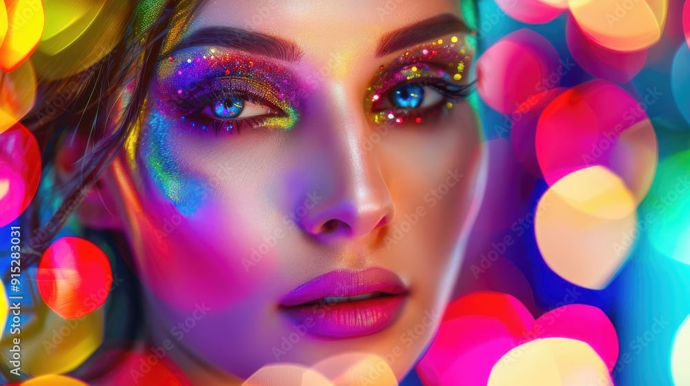 Woman with vibrant makeup and colorful bokeh lights Woman with vibrant makeup and colorful bokeh lights