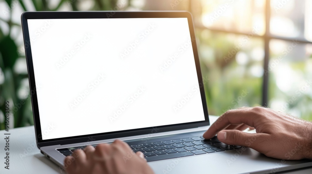 a man using a laptop with a blank screen a man using a laptop with a blank screen