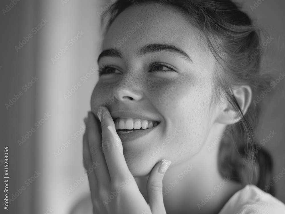 A smiling woman holds her hands to her face, conveying happiness and modesty A smiling woman holds her hands to her face, conveying happiness and modesty