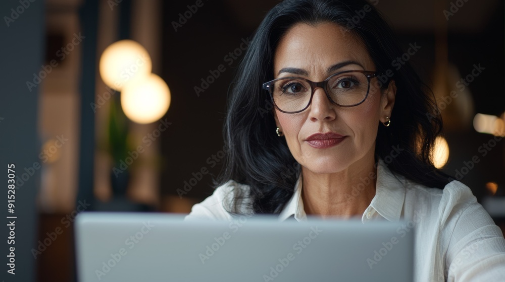 a woman wearing glasses looking at a laptop a woman wearing glasses looking at a laptop