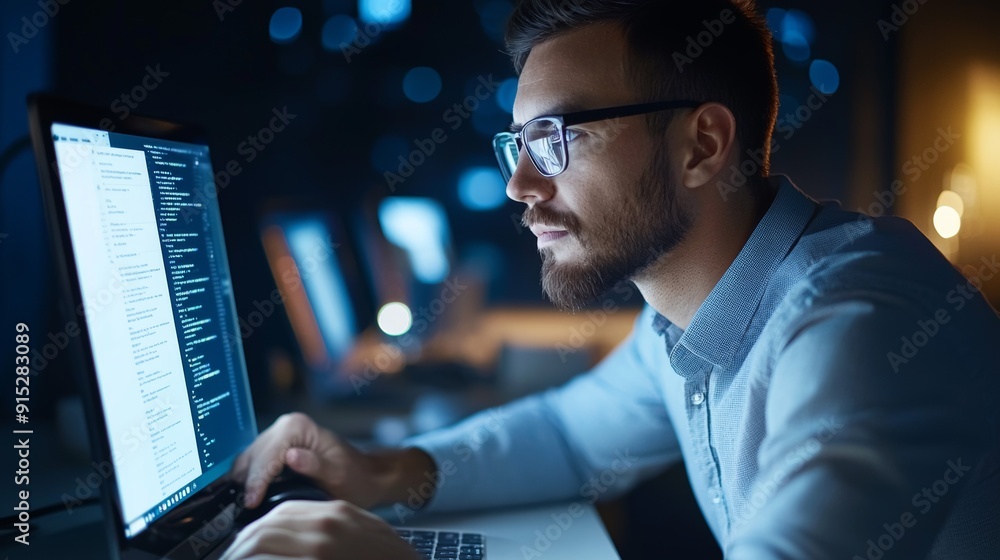 a man in glasses working on a laptop a man in glasses working on a laptop