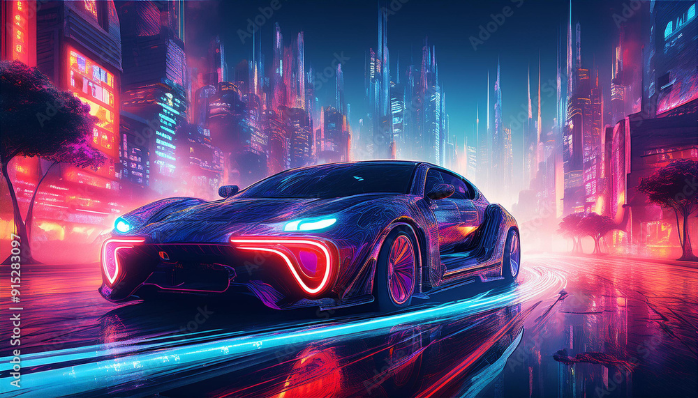 Car running in speed on the road a digital art