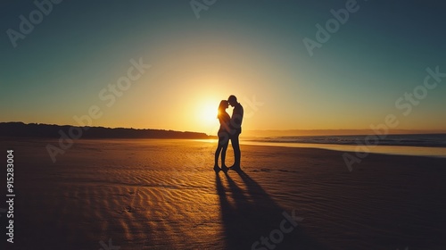 Silhouette of a Couple Embracing on a Beach at Sunset, Romantic Seaside Moment with Golden Horizon