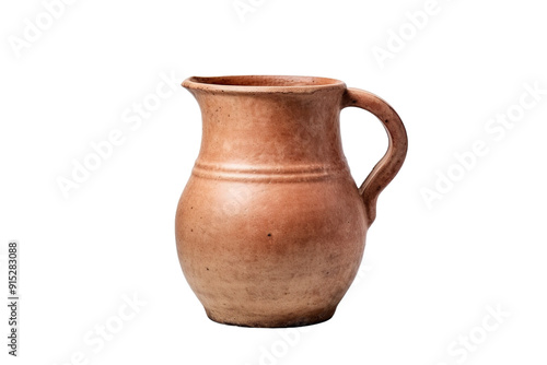 Rustic Clay Pitcher Displayed on a Wooden Table in a Cozy Kitchen at Sunset on Transparent PNG Background.