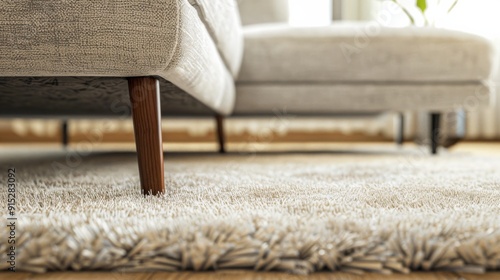 View from ground level, focusing on the soft, plush texture of a rug under a modern sofa, reflecting a cozy home interior.