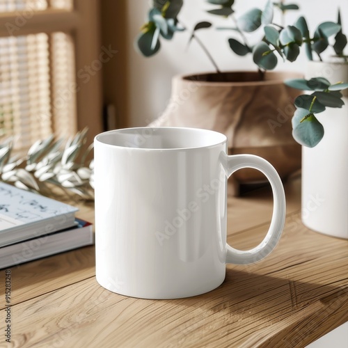 White mug on wooden table with plants