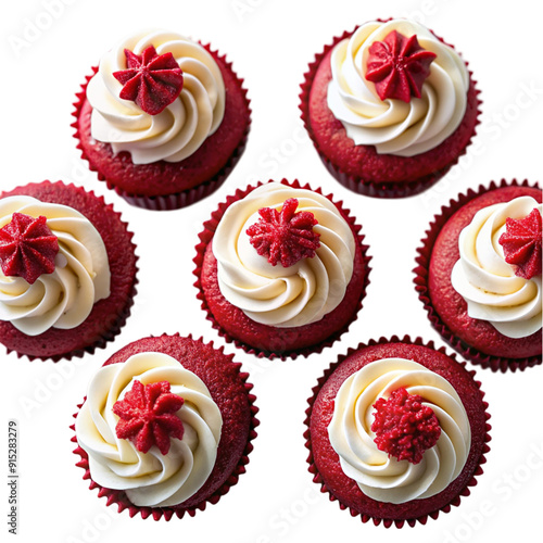 Vegan red velvet cupcakes top view isolated on transparent background.