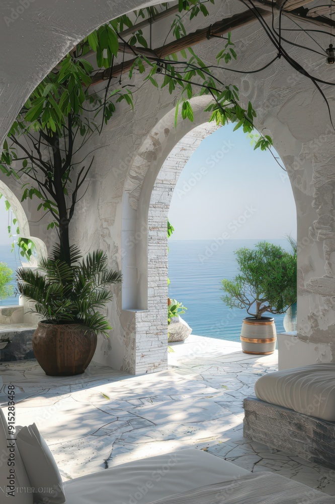 Fototapeta premium Mediterranean patio with arches and ocean view