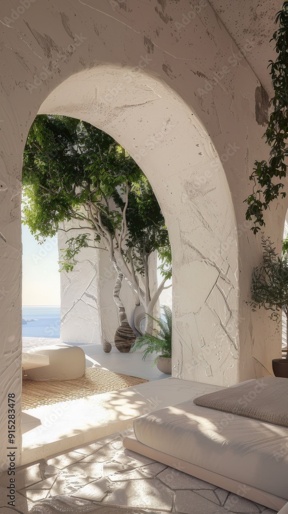 Fototapeta premium Mediterranean room with arched patio and sea view