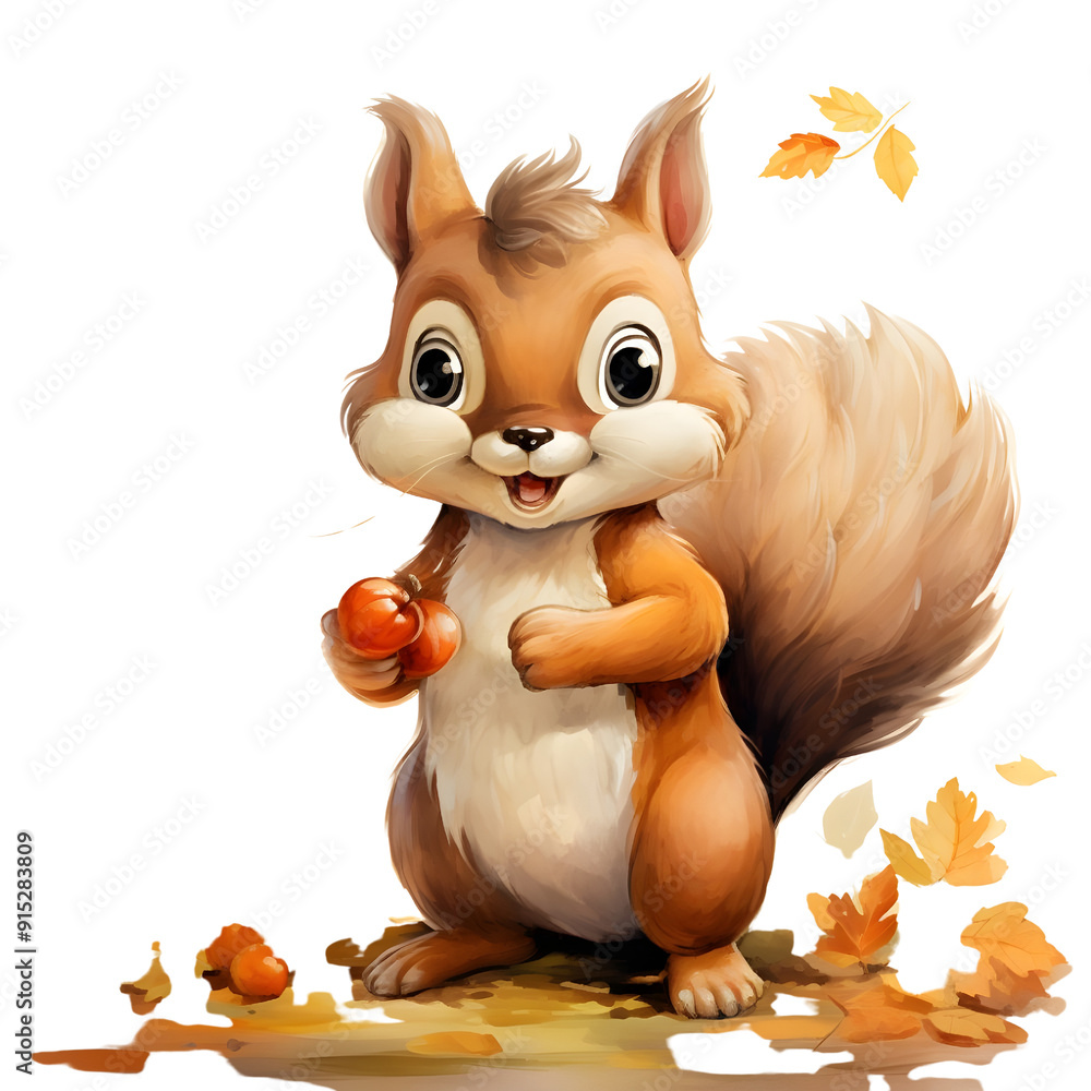 cute cartoon squirrel strolling in a garden full of orange-leafed trees, full body, single object, watercolor illustration cute cartoon squirrel strolling in a garden full of orange-leafed trees, full body, single object, watercolor illustration