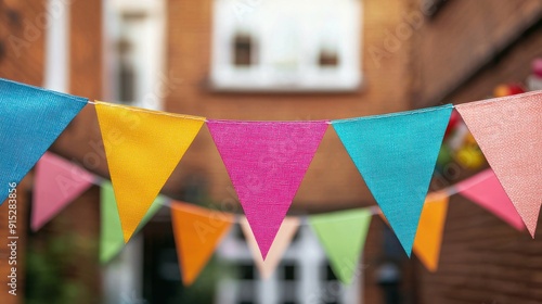 Close-up of colorful flags fluttering in the wind at a street party, festive and dynamic scene, community spirit.