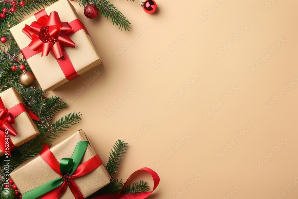 Elegant Christmas Gift Boxes with Red and Green Ribbons on Beige Background - Perfect for Traditional and Festive Holiday-Themed Designs Elegant Christmas Gift Boxes with Red and Green Ribbons on Beige Background - Perfect for Traditional and Festive Holiday-Themed Designs