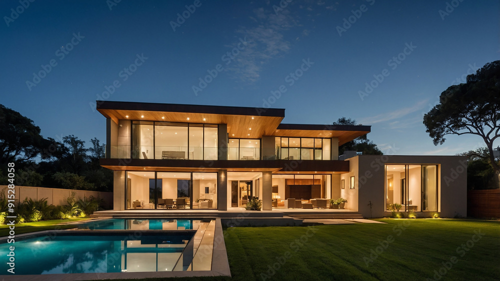 Modern luxury house with pool and large lawn area, illuminated by exterior lights at dusk, two-story home. Modern luxury house with pool and large lawn area, illuminated by exterior lights at dusk, two-story home.