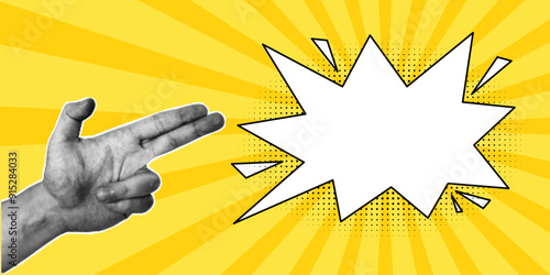 Template for retro pop art banner, empty speech bubble, explosion in a comic style. Halftone collage, hand gesture in the shape of a gun, two fingers, cut out, yellow background.