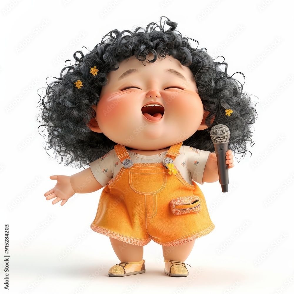 A Smiling Cartoon Girl with Curly Hair Sings into a Microphone A Smiling Cartoon Girl with Curly Hair Sings into a Microphone