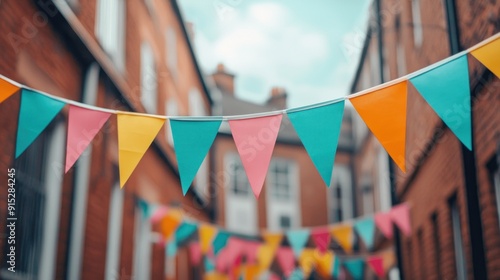 Street festival scene with vibrant bunting and flags against a backdrop of historic buildings, cultural celebration. photo