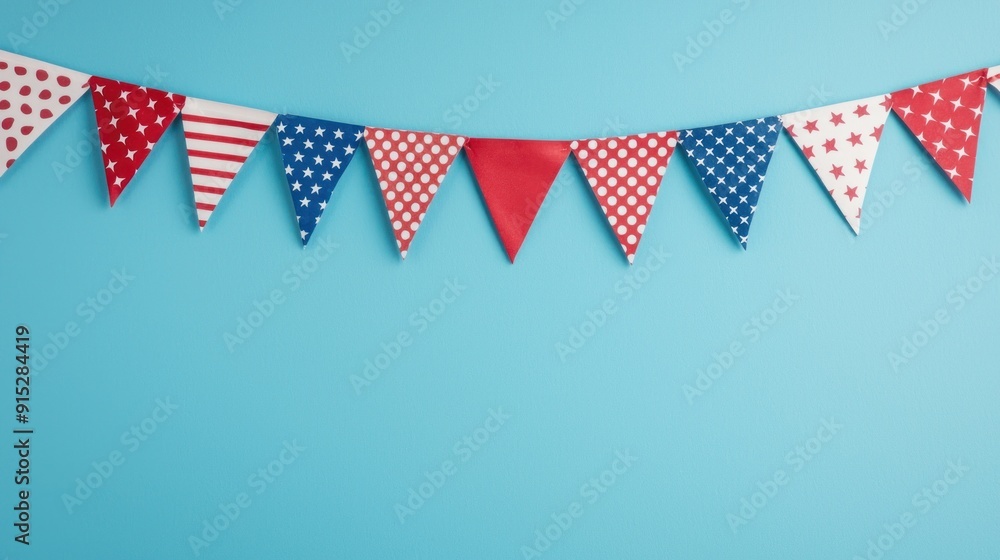 Obraz premium Traditional red, white, and blue bunting decorating a patriotic celebration, fireworks lighting up the night sky.