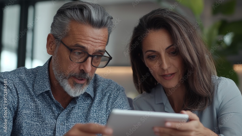 a man and woman looking at a tablet a man and woman looking at a tablet