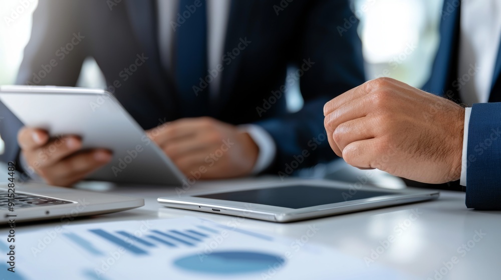 Fototapeta premium two men in suits sitting at a table with laptops and tablet