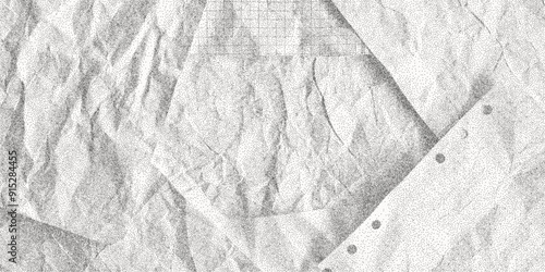 Black dusty textured background, sheets of crumpled checkered, dotted, craft paper. Noisy gritty dot halftone effect, banner in grunge style, overlay. Concept of paper recycling, reuse.