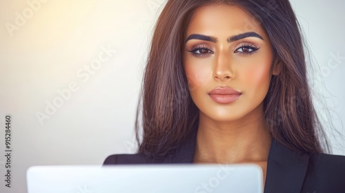 a woman with long hair and a black blazer jacket looking at a laptop