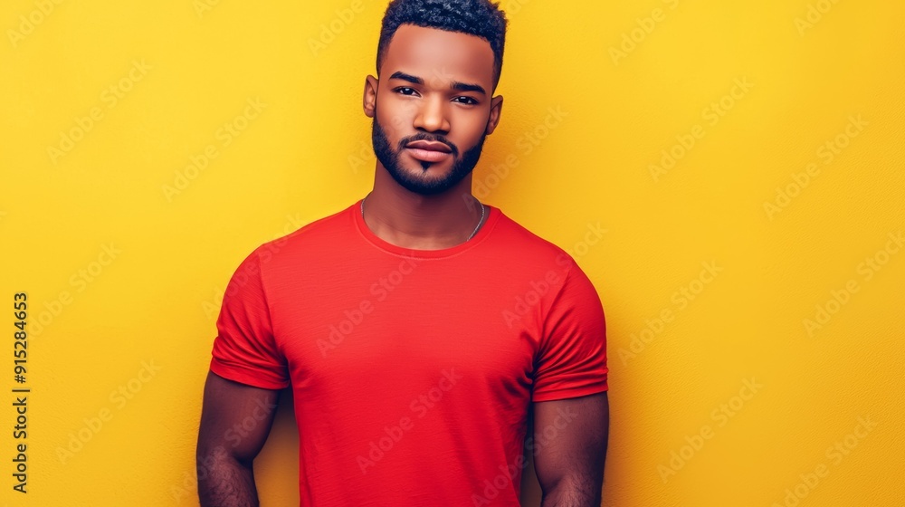 a man in a red shirt standing against a yellow background a man in a red shirt standing against a yellow background
