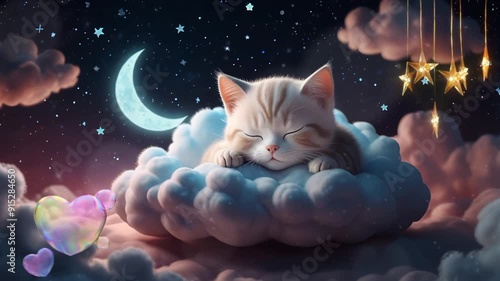 cute little cat sleeping on a cloud, in cartoon style. Seamless looping 4k video animation