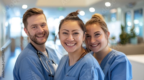 Three cheerful medical professionals in blue scrubs smiling together in a hospital setting.