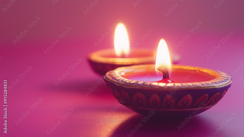 A side view of vibrant clay Diya lamps arranged on a pink background. Diwali, Hindu festival of lights celebration. Copy Space A side view of vibrant clay Diya lamps arranged on a pink background. Diwali, Hindu festival of lights celebration. Copy Space