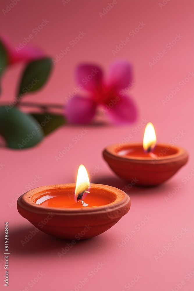 A side view of vibrant clay Diya lamps arranged on a pink background. Diwali, Hindu festival of lights celebration. Copy Space A side view of vibrant clay Diya lamps arranged on a pink background. Diwali, Hindu festival of lights celebration. Copy Space