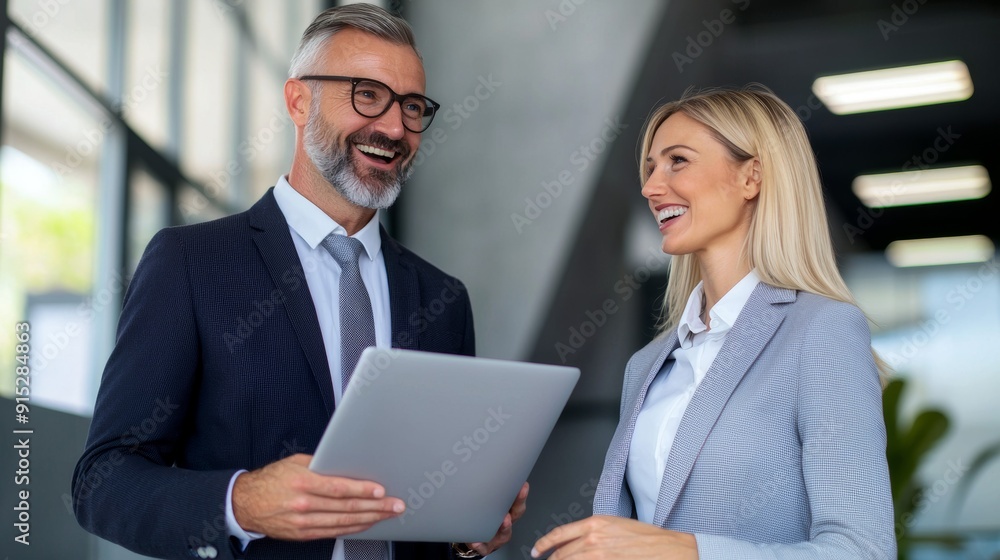 a man and woman are looking at a tablet a man and woman are looking at a tablet
