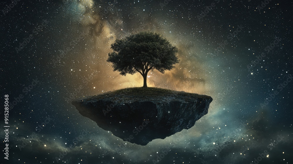 Surreal Floating Island with Lone Tree in Starry Night Sky - Dreamlike Fantasy Art Surreal Floating Island with Lone Tree in Starry Night Sky - Dreamlike Fantasy Art