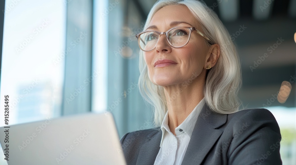 a woman with glasses looking up at a laptop a woman with glasses looking up at a laptop