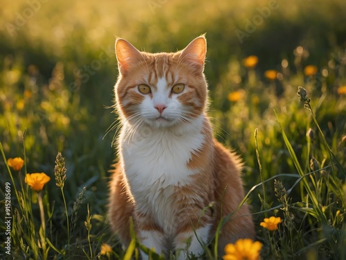 Cute cat in the big meadow, evening sunlight