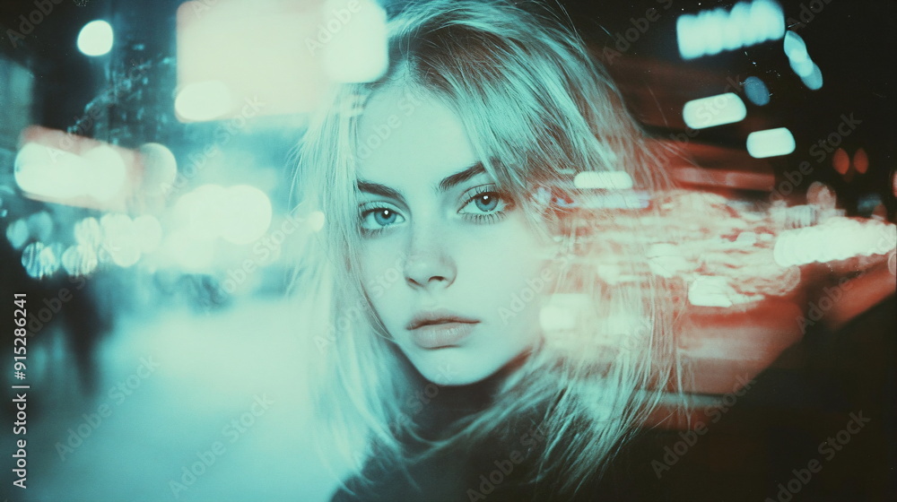 retro shot of a blonde woman in the night lights of the street retro shot of a blonde woman in the night lights of the street