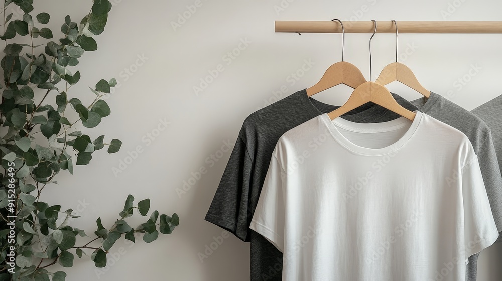 Minimalist Clothes on Hangers with Green Plant Accent Minimalist Clothes on Hangers with Green Plant Accent