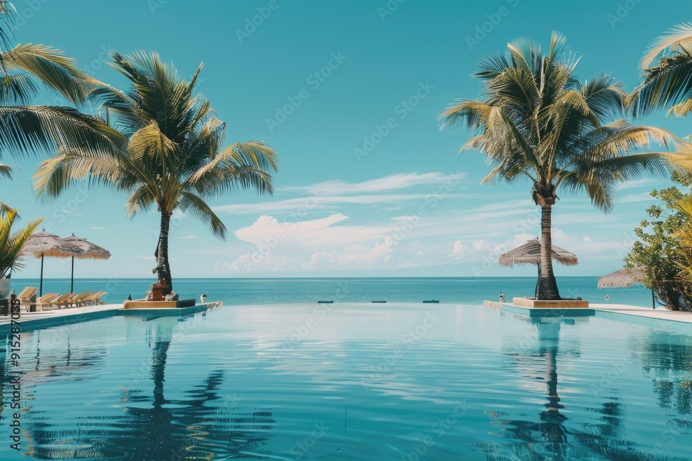 A relaxing scene with a pool surrounded by palm trees, perfect for a resort or vacation brochure A relaxing scene with a pool surrounded by palm trees, perfect for a resort or vacation brochure